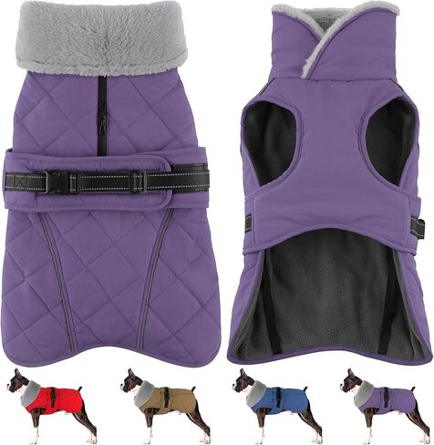 Dog Coat, Waterproof Dog Winter Jacket with Adjustable Buckle, Reflective Turtleneck Pet Snow Vest Warm Fleece Sweater for Small Medium Large Dogs - Purple, L in Saudi Arabia