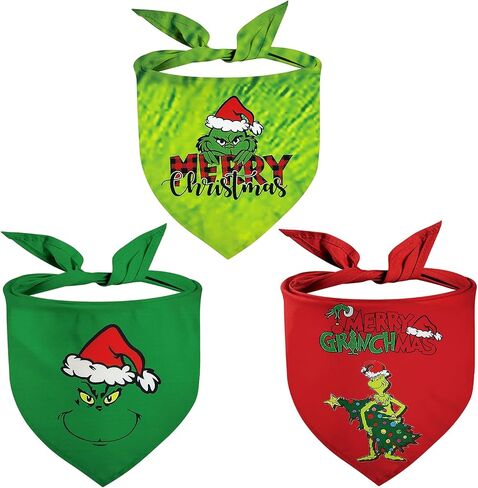 Christmas Dog Bandana 3Pack Grinchs Bandanas Xmas Puppy Triangle Scarf for Boy Girl Dog Costume Cute Pet Bibs Kerchief Holiday Outfit Adjustable Collar for Medium Dogs Cats (Large, Grinch Monster) in Saudi Arabia