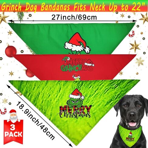 Christmas Dog Bandana 3Pack Grinchs Bandanas Xmas Puppy Triangle Scarf for Boy Girl Dog Costume Cute Pet Bibs Kerchief Holiday Outfit Adjustable Collar for Medium Dogs Cats (Large, Grinch Monster) in Saudi Arabia