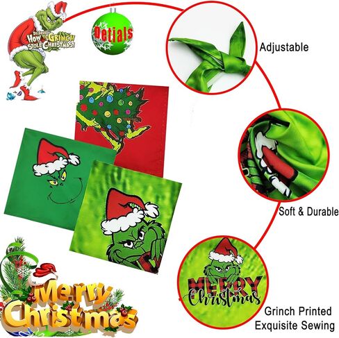 Christmas Dog Bandana 3Pack Grinchs Bandanas Xmas Puppy Triangle Scarf for Boy Girl Dog Costume Cute Pet Bibs Kerchief Holiday Outfit Adjustable Collar for Medium Dogs Cats (Large, Grinch Monster) in Saudi Arabia