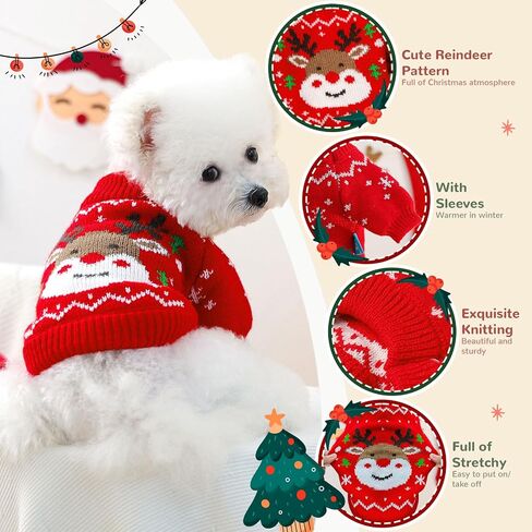 Dog Christmas Sweater Soft Warm Fall Winter Cat Clothes Puppy Sweater for Small Dogs Cute Xmas Reindeer Doggie Outfit Cat Sweaters with Sleeves Pet Holiday Costume Chihuahua Apparel(Red,L) in Saudi Arabia