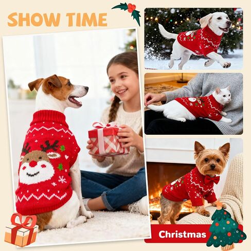 Dog Christmas Sweater Soft Warm Fall Winter Cat Clothes Puppy Sweater for Small Dogs Cute Xmas Reindeer Doggie Outfit Cat Sweaters with Sleeves Pet Holiday Costume Chihuahua Apparel(Red,L) in Saudi Arabia
