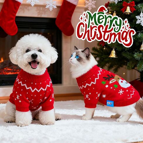 Dog Christmas Sweater Soft Warm Fall Winter Cat Clothes Puppy Sweater for Small Dogs Cute Xmas Reindeer Doggie Outfit Cat Sweaters with Sleeves Pet Holiday Costume Chihuahua Apparel(Red,L) in Saudi Arabia