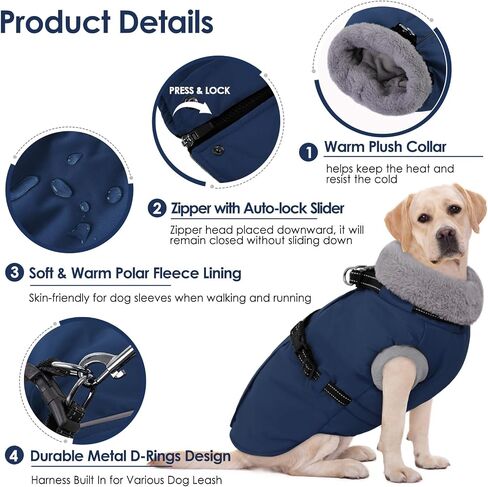 AOFITEE Dog Coat, Warm Dog Jacket Winter, Waterproof Dogs Winter Coat with Harness & Zipper, Reflective Turtleneck Fleece Pet Puffer Jacket Snowsuit for Jack Russel, Boston Terrier, Blue M in Saudi Arabia