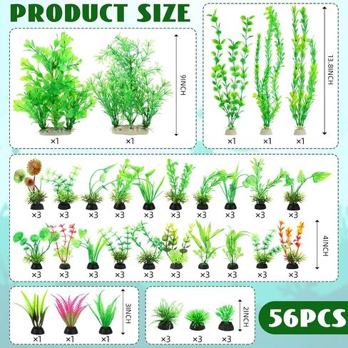 56 Pcs Fake Artificial Aquarium Plants Plastic Realistic Aquatic Fish Tank Plants for Aquarium Decor Green Turtle Fish Tank Accessories Decorations Large Goldfish Betta Water Grass Decor in Saudi Arabia