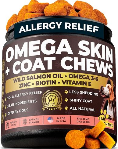 Omega 3 & 6 Dog Skin & Coat Chews – PhD-Endorsed Formula with Wild Salmon Oil, Biotin, Zinc & Vitamin E – Supports Dry Itchy Skin, Shedding & Healthy Coat – Tasty Salmon Flavor, 140 Chews, Made in USA in Saudi Arabia