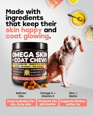 Omega 3 & 6 Dog Skin & Coat Chews – PhD-Endorsed Formula with Wild Salmon Oil, Biotin, Zinc & Vitamin E – Supports Dry Itchy Skin, Shedding & Healthy Coat – Tasty Salmon Flavor, 140 Chews, Made in USA in Saudi Arabia