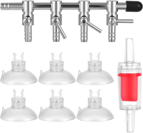 4-Way Aquarium Air Flow Control Lever Valve Stainless Steel Aquarium Air Pump Splitter Fish Tank Multi-port Distributor Splitter with 1 pcs Non-return Check Valve and 6 pcs Suction Cups for Fish Tank in Saudi Arabia