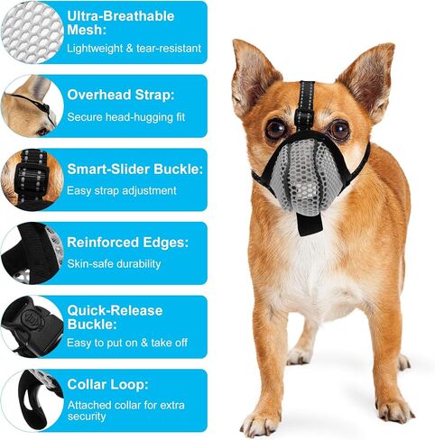 Dog Muzzle, Small Dog, Breathable Soft Mesh, Reflective Adjustable, X-Small, Grey in Saudi Arabia