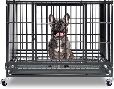 36 Inch Heavy Duty Dog Crate, Stackable Dog Crate, Indestuctible Escape Proof Dogs Cage Kennel with Pull-Out Tray, Lockable Universal Wheels, Double Door for High Anxiety Small/Medium Dogs in Saudi Arabia