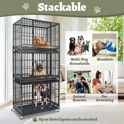 36 Inch Heavy Duty Dog Crate, Stackable Dog Crate, Indestuctible Escape Proof Dogs Cage Kennel with Pull-Out Tray, Lockable Universal Wheels, Double Door for High Anxiety Small/Medium Dogs in Saudi Arabia