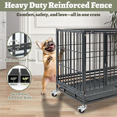 36 Inch Heavy Duty Dog Crate, Stackable Dog Crate, Indestuctible Escape Proof Dogs Cage Kennel with Pull-Out Tray, Lockable Universal Wheels, Double Door for High Anxiety Small/Medium Dogs in Saudi Arabia