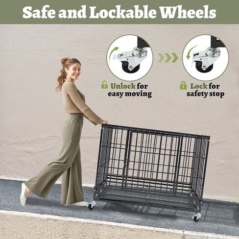 36 Inch Heavy Duty Dog Crate, Stackable Dog Crate, Indestuctible Escape Proof Dogs Cage Kennel with Pull-Out Tray, Lockable Universal Wheels, Double Door for High Anxiety Small/Medium Dogs in Saudi Arabia