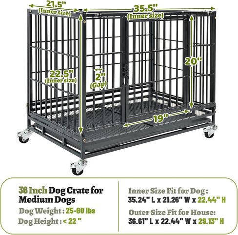 36 Inch Heavy Duty Dog Crate, Stackable Dog Crate, Indestuctible Escape Proof Dogs Cage Kennel with Pull-Out Tray, Lockable Universal Wheels, Double Door for High Anxiety Small/Medium Dogs in Saudi Arabia