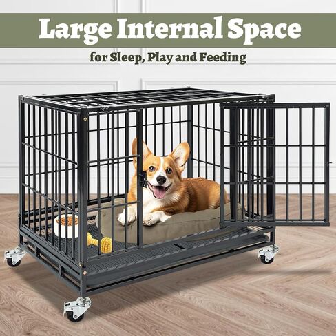36 Inch Heavy Duty Dog Crate, Stackable Dog Crate, Indestuctible Escape Proof Dogs Cage Kennel with Pull-Out Tray, Lockable Universal Wheels, Double Door for High Anxiety Small/Medium Dogs in Saudi Arabia