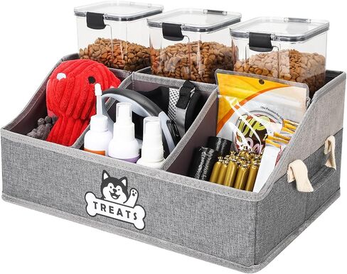 Dog Treat Container Basket with Handles, Foldable Pet Toy Box for Living Room Area and Countertop, Dog Storage Organizer with Removable Dividers for Treat Container, Leashes, Canned food, Pet Supplies in Saudi Arabia