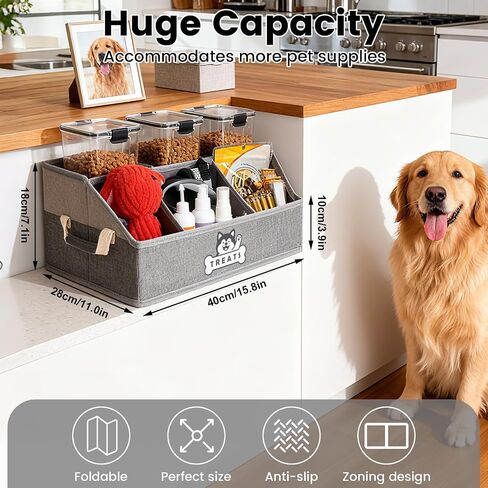 Dog Treat Container Basket with Handles, Foldable Pet Toy Box for Living Room Area and Countertop, Dog Storage Organizer with Removable Dividers for Treat Container, Leashes, Canned food, Pet Supplies in Saudi Arabia
