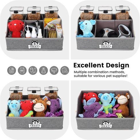 Dog Treat Container Basket with Handles, Foldable Pet Toy Box for Living Room Area and Countertop, Dog Storage Organizer with Removable Dividers for Treat Container, Leashes, Canned food, Pet Supplies in Saudi Arabia