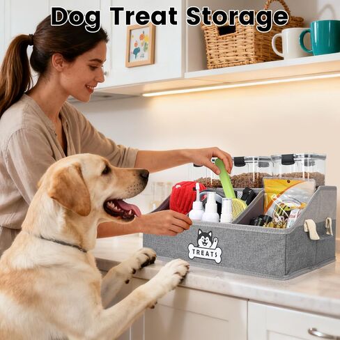 Dog Treat Container Basket with Handles, Foldable Pet Toy Box for Living Room Area and Countertop, Dog Storage Organizer with Removable Dividers for Treat Container, Leashes, Canned food, Pet Supplies in Saudi Arabia
