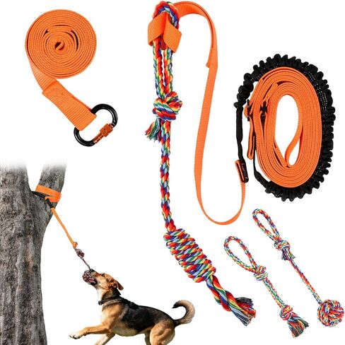 Outdoor Bungee Tug Toy, Dog Hanging Bungee Tug Toy with 3 Dog Chew Ropes, Interactive Retractable Play Cord Tether from Tree Outdoor for Small Medium Large Breeds Exercise and Play, Black+Grey in Kuwait
