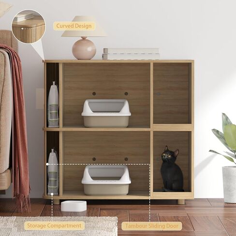 أثاث صندوق فضلات القطط بطبقة مزدوجة، صندوق فضلات القطط الخشبي المغلق المخفي مع تصميم باب منزلق مزدوج، مضاد للتفريغ، مناسب لمعظم صناديق الفضلات (خزانة صندوق الفضلات - خشب - 02) in Saudi Arabia