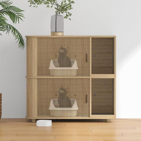 أثاث صندوق فضلات القطط بطبقة مزدوجة، صندوق فضلات القطط الخشبي المغلق المخفي مع تصميم باب منزلق مزدوج، مضاد للتفريغ، مناسب لمعظم صناديق الفضلات (خزانة صندوق الفضلات - خشب - 02) in Saudi Arabia