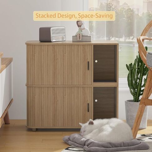 أثاث صندوق فضلات القطط بطبقة مزدوجة، صندوق فضلات القطط الخشبي المغلق المخفي مع تصميم باب منزلق مزدوج، مضاد للتفريغ، مناسب لمعظم صناديق الفضلات (خزانة صندوق الفضلات - خشب - 02) in Saudi Arabia