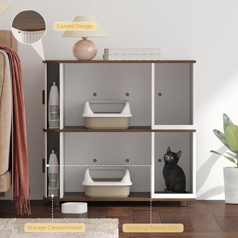 أثاث صندوق فضلات القطط بطبقة مزدوجة، صندوق فضلات القطط الخشبي المغلق المخفي مع تصميم باب منزلق مزدوج، مضاد للتفريغ، مناسب لمعظم صناديق الفضلات (خزانة صندوق الفضلات - خشب - 02) in Kuwait