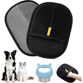 قطعتان من القفازات السوداء مزدوجة الجوانب لإزالة شعر الحيوانات الأليفة، فرشاة سحرية إلكتروستاتيكية لإزالة شعر الحيوانات الأليفة وأداة تزيين مع مشط للكلاب والقطط والأريكة والسرير والسيارة والأثاث in Kuwait