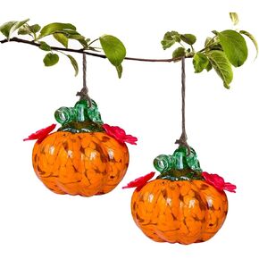 Small Glass Hummingbird Feeders for Outdoors Hanging + Rain Cover - Hand Blown Glass Pumpkin Nectar Feeding, 2 Flowers Feeding Ports, Decor for Garden/Backyard Outside, Multi Color in Kuwait