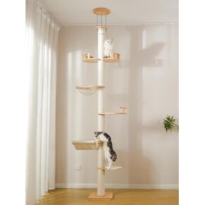 شجرة قطط من الأرض إلى السقف، ارتفاع 5 طبقات قابل للتعديل (88-126 بوصة) برج تسلق من الخشب الصلب مع عمود خدش من السيزال، كبسولة شفافة وأرجوحة مريحة in Kuwait