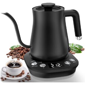 غلاية كهربائية معقوفة، تحكم في درجة الحرارة ±1 درجة فهرنهايت، 304 داخلي من الفولاذ المقاوم للصدأ، تسخين سريع 0.8 لتر/1200 وات مع إيقاف تلقائي وقفل أمان للصب فوق القهوة والشاي - أسود in Kuwait