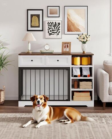 أثاث قفص للكلاب مقاس 47 بوصة من Garvee مع درجين للتخزين، و4 أرفف عميقة، وطاولة نهاية قفص الكلاب الخشبية الكبيرة جدًا للمزرعة، وبيت للكلاب داخلي متعدد الوظائف للكلاب المتوسطة الكبيرة in Kuwait