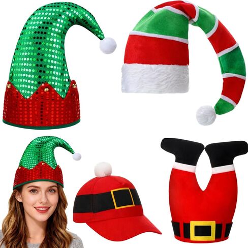 Syhood 4 Pieces Christmas Hats Santa Xmas Hat Christmas Tree Cap Felt Elf Hat Coil Santa Hat Santa Pants Hat for 15 Years Old Aldult Holiday Party Costume in Saudi Arabia