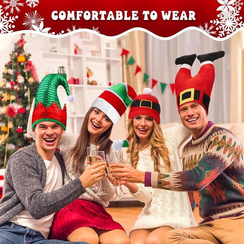 Syhood 4 Pieces Christmas Hats Santa Xmas Hat Christmas Tree Cap Felt Elf Hat Coil Santa Hat Santa Pants Hat for 15 Years Old Aldult Holiday Party Costume in Saudi Arabia
