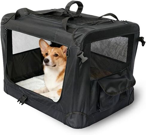 Foldable Soft Dog Crate 24" – Portable Travel Kennel for Pets up to 44 lb, 4-Door Mesh Ventilation, Oxford & Steel Frame, Machine-Washable Pad, Collapsible Indoor Outdoor Pet Home, Black in Saudi Arabia