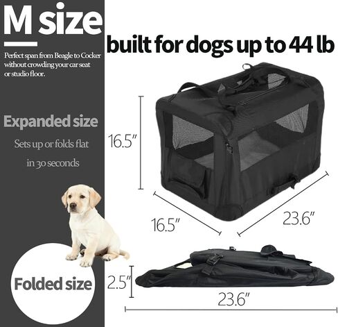 Foldable Soft Dog Crate 24" – Portable Travel Kennel for Pets up to 44 lb, 4-Door Mesh Ventilation, Oxford & Steel Frame, Machine-Washable Pad, Collapsible Indoor Outdoor Pet Home, Black in Saudi Arabia