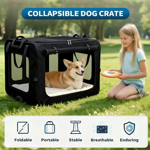 Foldable Soft Dog Crate 24" – Portable Travel Kennel for Pets up to 44 lb, 4-Door Mesh Ventilation, Oxford & Steel Frame, Machine-Washable Pad, Collapsible Indoor Outdoor Pet Home, Black in Saudi Arabia