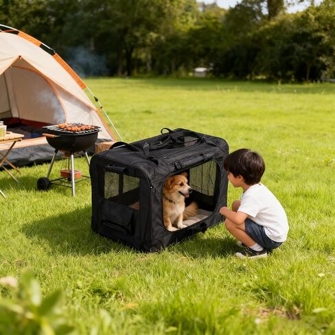 Foldable Soft Dog Crate 24" – Portable Travel Kennel for Pets up to 44 lb, 4-Door Mesh Ventilation, Oxford & Steel Frame, Machine-Washable Pad, Collapsible Indoor Outdoor Pet Home, Black in Saudi Arabia