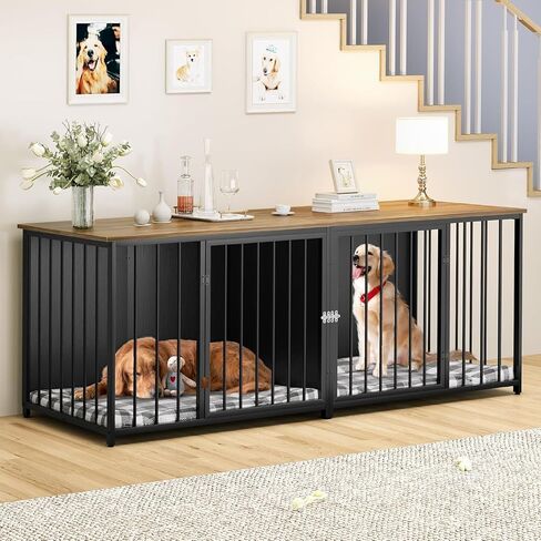 YITAHOME Double Dog Crate Furniture, 80.2 inch Large Breed Dog Kennel with Divider, Heavy Duty Dog House TV Stand Indoor for 2 Medium Dogs, Black in Saudi Arabia