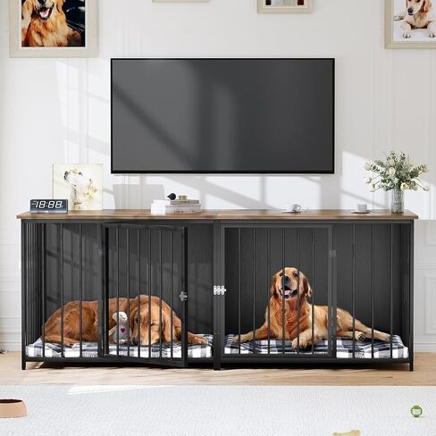 YITAHOME Double Dog Crate Furniture, 80.2 inch Large Breed Dog Kennel with Divider, Heavy Duty Dog House TV Stand Indoor for 2 Medium Dogs, Black in Saudi Arabia