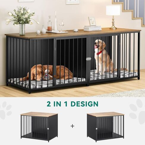 YITAHOME Double Dog Crate Furniture, 80.2 inch Large Breed Dog Kennel with Divider, Heavy Duty Dog House TV Stand Indoor for 2 Medium Dogs, Black in Saudi Arabia