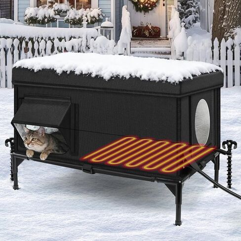 Heated Outdoor Cat House Weatherproof with Heating Pad, Heated Cats House for Outside, Insulated Feral Cat Houses for Outdoor Cats with Safe Escape Door, Elevated Outside Stray Cats Shelter(L) in Saudi Arabia