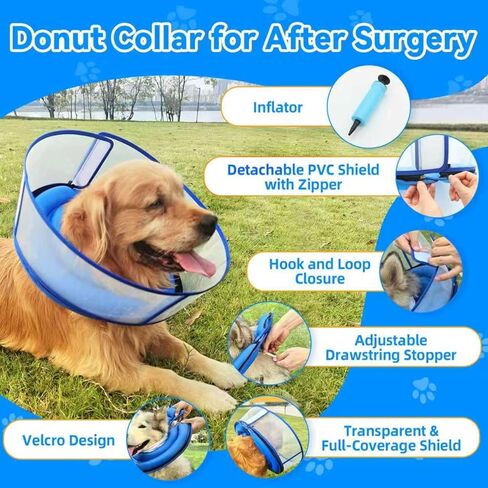 طوق مخروطي للكلاب قابل للنفخ مطور للكلاب بعد الجراحة، طوق إليزابيث ناعم قابل للتعديل للكلاب المتوسطة والكبيرة، مخروط مريح مزدوج الحلقة للكلاب مع درع شفاف مضاد لللعق قابل للفصل (L) in Kuwait