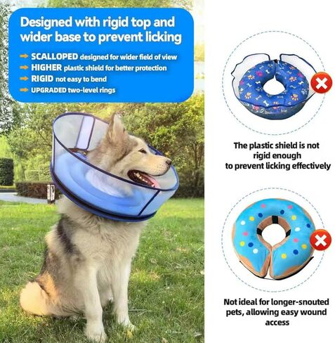 طوق مخروطي للكلاب قابل للنفخ مطور للكلاب بعد الجراحة، طوق إليزابيث ناعم قابل للتعديل للكلاب المتوسطة والكبيرة، مخروط مريح مزدوج الحلقة للكلاب مع درع شفاف مضاد لللعق قابل للفصل (L) in Kuwait