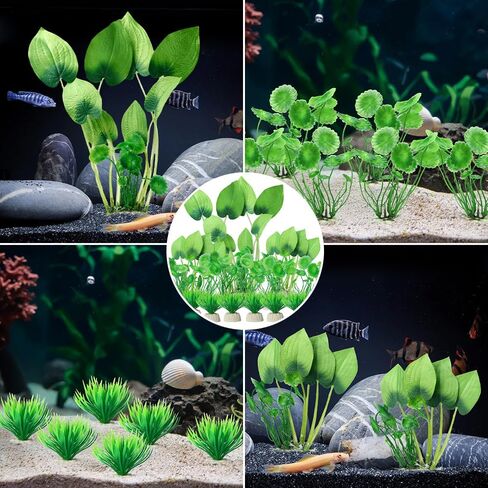 BEGONDIS Artificial Aquarium Plants, 15-Piece Plastic Decorative Set, Lifelike Underwater Garden (Green) in Kuwait