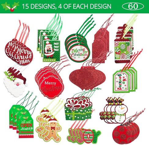 Christmas Tags 60 Count with Untied String (15 Assorted Glitter, Foil, Printed Designs Labels for Xmas Holiday Present Wrapping) in Saudi Arabia