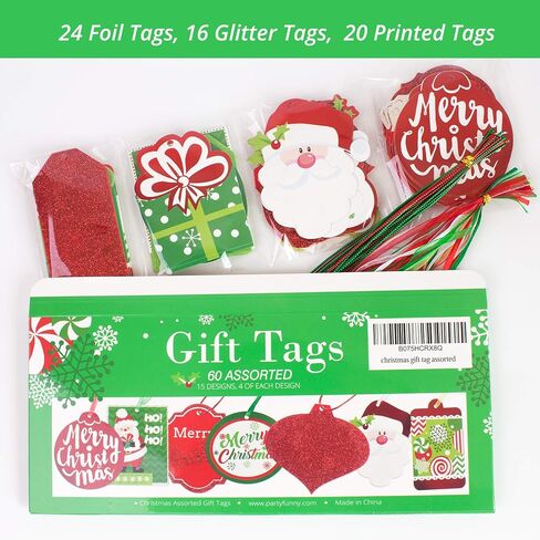 Christmas Tags 60 Count with Untied String (15 Assorted Glitter, Foil, Printed Designs Labels for Xmas Holiday Present Wrapping) in Saudi Arabia