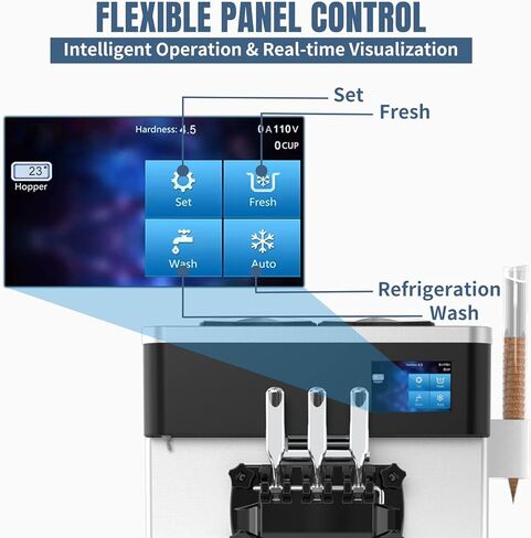 XPW Commercial Ice Cream Machine - 110V 2450W 3 Flavors Soft Serve Ice Cream Machine 5.3 to 7.4 Gallons/H Auto Clean LCD Touch Screen The Ideal Soft Serve Maker for Snack Restaurants Bars in Saudi Arabia