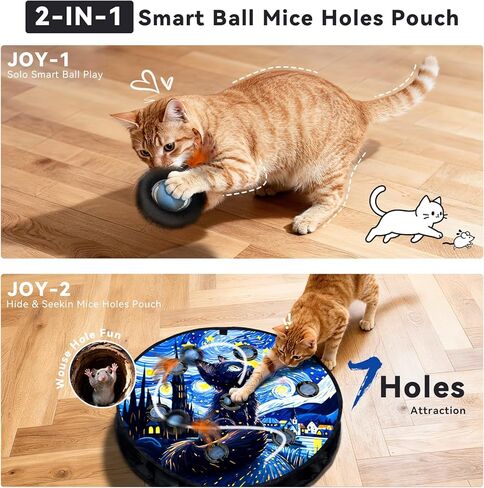 Interactive Cat Toy with Motion Activated Ball & 7-Hole Play Mat, Hide and Seek Exercise Game for Indoor Cats, Automatic Moving Cat Ball in Pouch, Rechargeable Kitten Toys in Kuwait